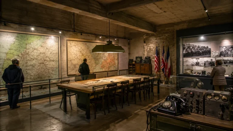 Salle des cartes du Musée de la Reddition à Reims avec cartes murales et matériel militaire historique