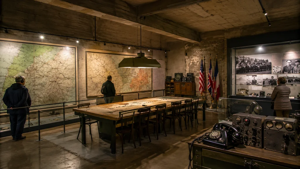 Salle des cartes du Musée de la Reddition à Reims avec cartes murales et matériel militaire historique