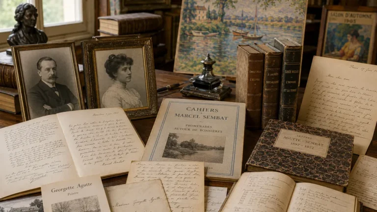 Archives Agutte-Sembat avec lettres anciennes, livres, portraits et documents historiques liés à Marcel Sembat et Georgette Agutte.
