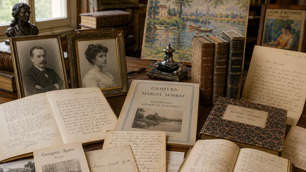 Archives Agutte-Sembat avec lettres anciennes, livres, portraits et documents historiques liés à Marcel Sembat et Georgette Agutte.