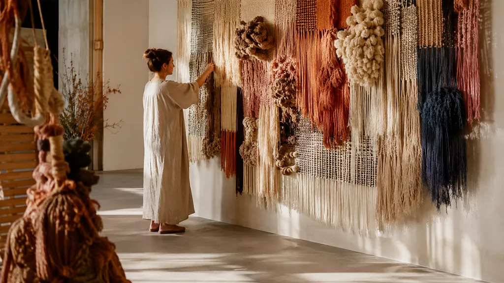 Artiste observant une grande œuvre d’art textile contemporain en fibres tissées dans une galerie lumineuse