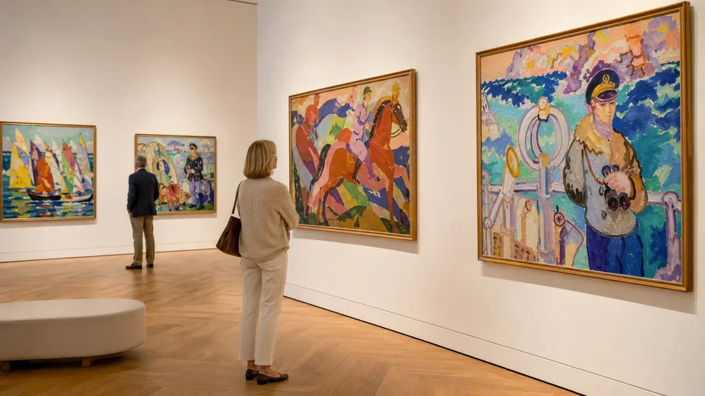 Visiteurs contemplant de grandes peintures abstraites aux lignes calligraphiques de Brice Marden