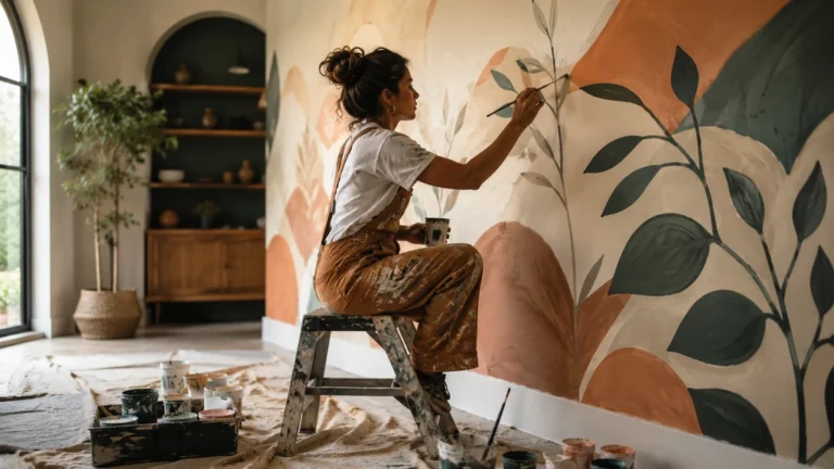 Artiste peintre sur mur intérieur réalisant une fresque végétale personnalisée dans un salon lumineux.