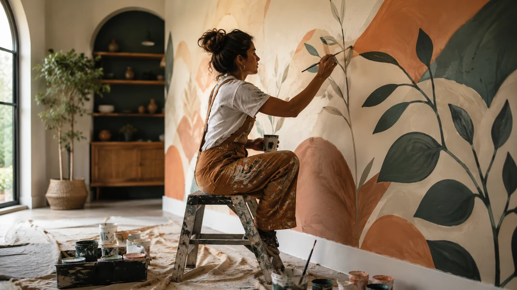 Artiste peintre sur mur intérieur réalisant une fresque végétale personnalisée dans un salon lumineux.
