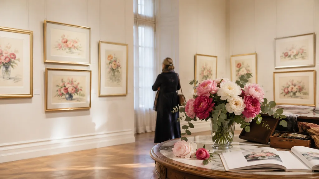 Bouquet de roses et aquarelles florales dans une galerie consacrée à Blanche Odin