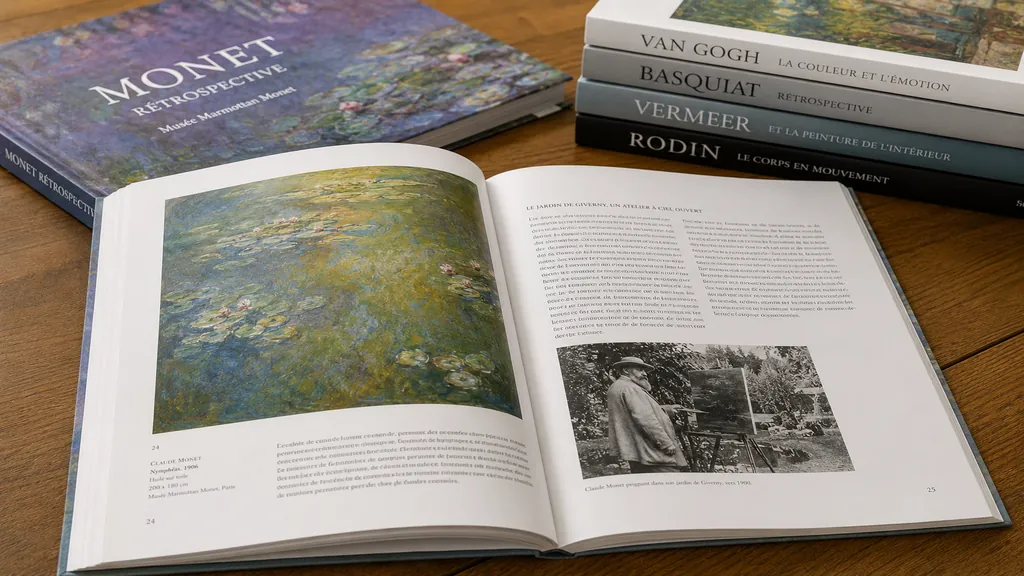 Catalogue d’exposition ouvert sur une table avec reproductions d’œuvres, textes d’analyse et livres d’art en arrière-plan.