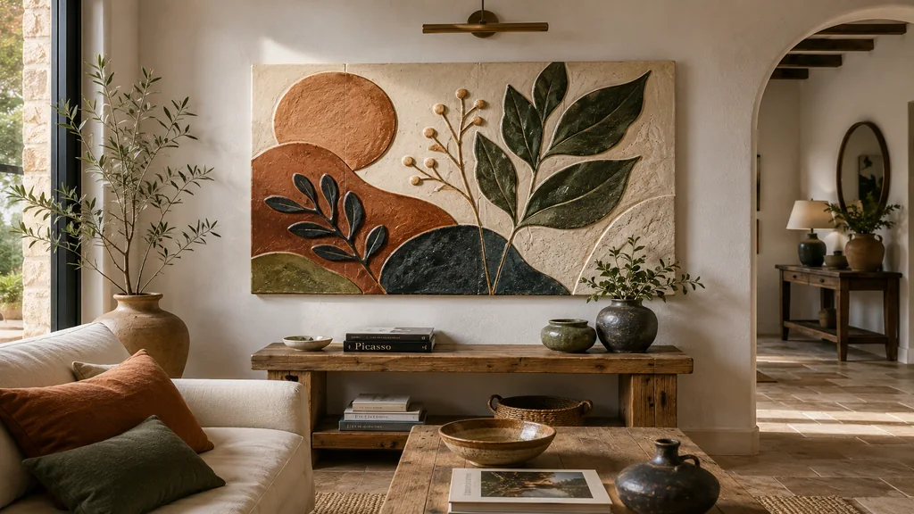 Tableau en céramique mural dans un salon lumineux avec reliefs botaniques, matières naturelles et décoration chaleureuse.
