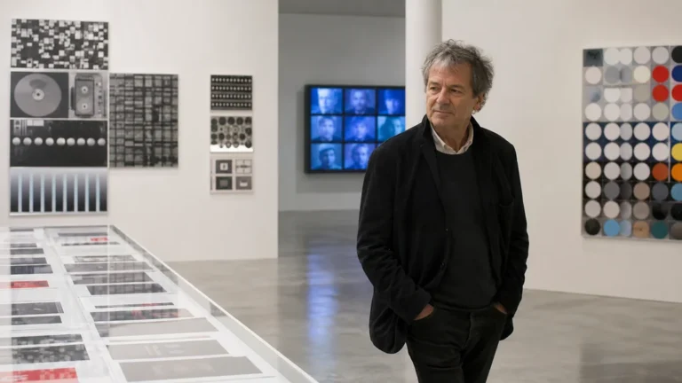 Claude Closky dans une galerie d’art contemporain entouré d’installations conceptuelles et numériques.