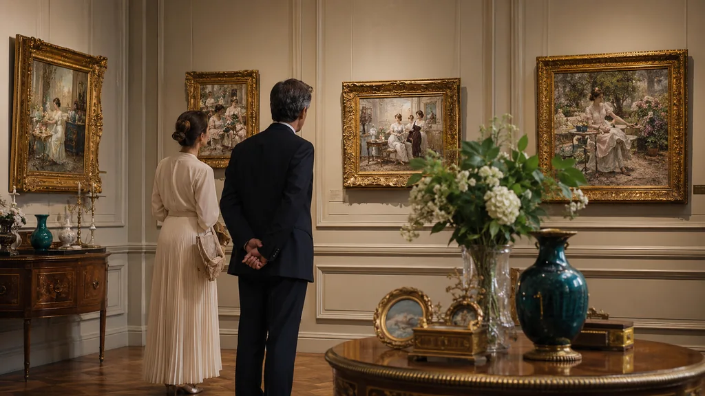 Visiteurs observant des scènes de genre élégantes dans un salon d’art inspiré de Henri de Bréval