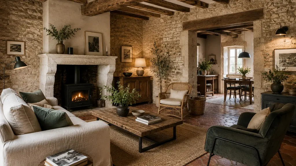 Décoration maison ancienne avec salon en pierre, poutres apparentes, cheminée, tomettes et mobilier moderne chaleureux.
