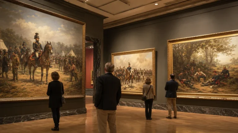 Visiteurs observant des peintures militaires françaises dans une galerie consacrée à Édouard Detaille