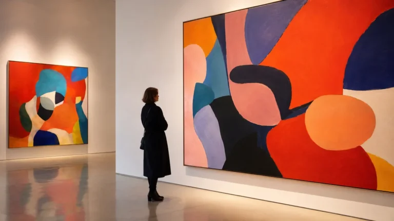 Visiteur observant de grandes peintures abstraites colorées dans une galerie d’art évoquant l’univers du peintre Maurice Estève