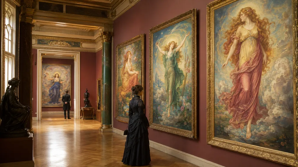 Visiteur contemplant de grandes peintures symbolistes inspirées d’Evelyn De Morgan dans une galerie victorienne
