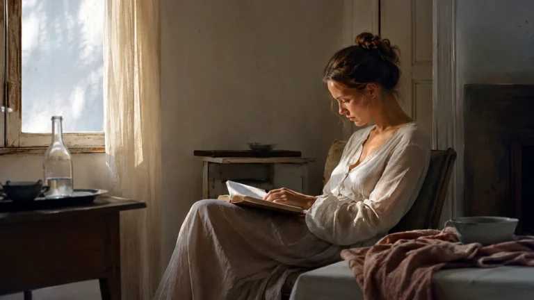 Jeune femme lisant dans un intérieur silencieux et lumineux évoquant l’univers intimiste de Francine Van Hove