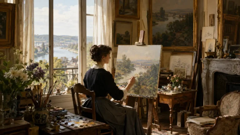 Artiste peintre dans un atelier lumineux avec chevalet, tableaux et vue sur la vallée de la Seine