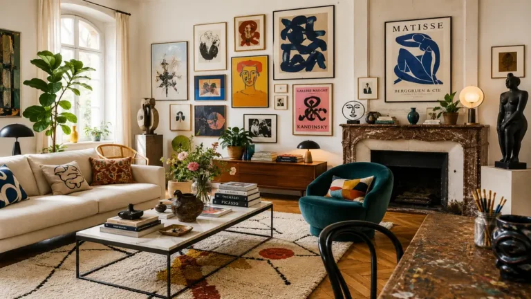 Intérieur artistique lumineux avec mur de cadres, œuvres colorées, sculptures, mobilier design et ambiance créative chaleureuse.