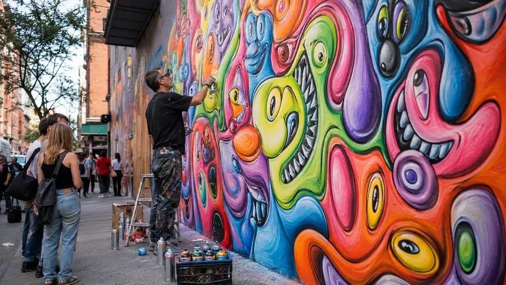Kenny Scharf artist peignant une fresque murale colorée inspirée du pop art et du street art.