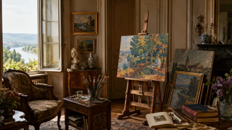 Atelier artistique élégant avec tableaux, chevalet, pinceaux et vue sur la vallée de la Seine