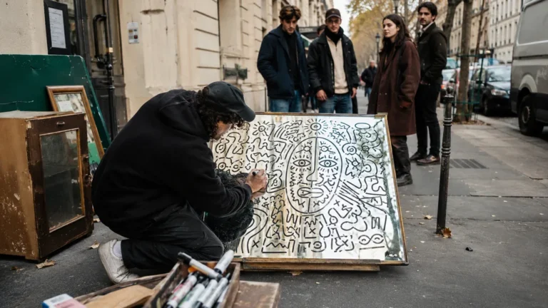 Lorem artiste urbain dessinant au marqueur sur un miroir récupéré dans une rue parisienne.