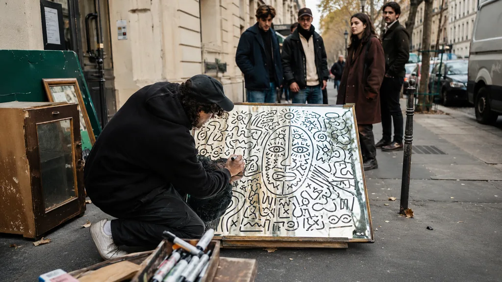 Lorem artiste urbain dessinant au marqueur sur un miroir récupéré dans une rue parisienne.
