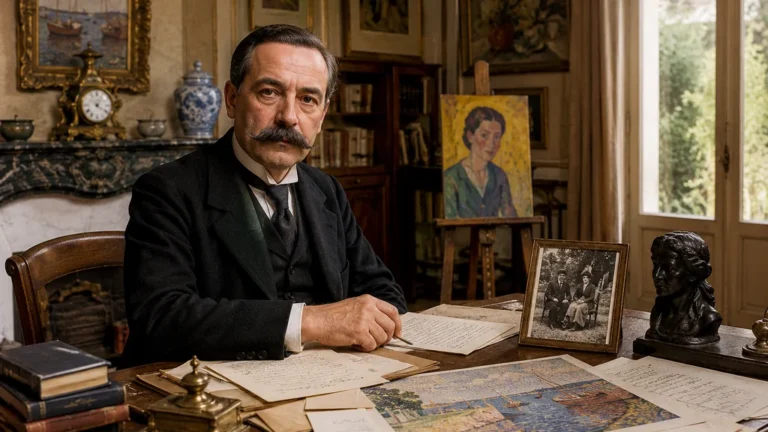 Intérieur réaliste de la Maison Agutte-Sembat avec bureau ancien, lettres, livres et œuvres d’art évoquant Marcel Sembat et Georgette Agutte.