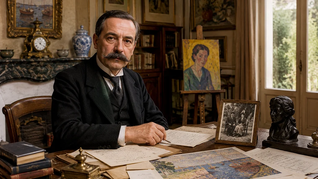 Intérieur réaliste de la Maison Agutte-Sembat avec bureau ancien, lettres, livres et œuvres d’art évoquant Marcel Sembat et Georgette Agutte.