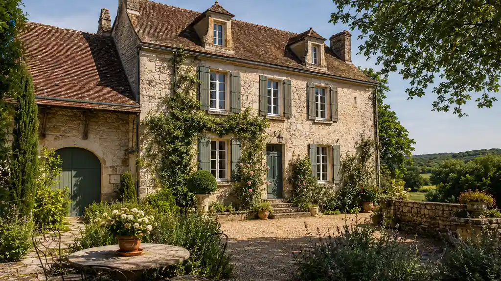 Maison de caractère en pierre avec jardin fleuri, façade ancienne, volets traditionnels et architecture authentique.