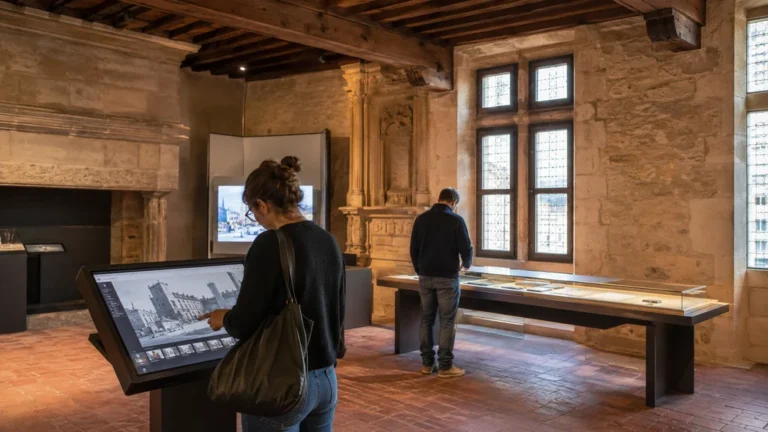 Visiteurs découvrant une exposition numérique interactive dans un bâtiment historique de Saint-Étienne