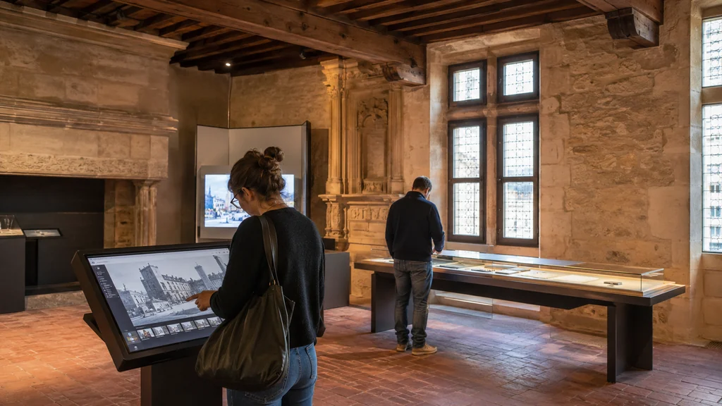 Visiteurs découvrant une exposition numérique interactive dans un bâtiment historique de Saint-Étienne