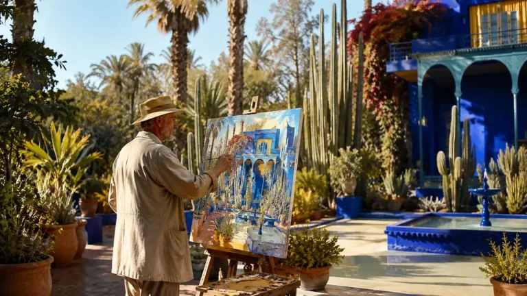 Majorelle peintre réalisant une toile dans un jardin marocain aux murs bleu Majorelle.