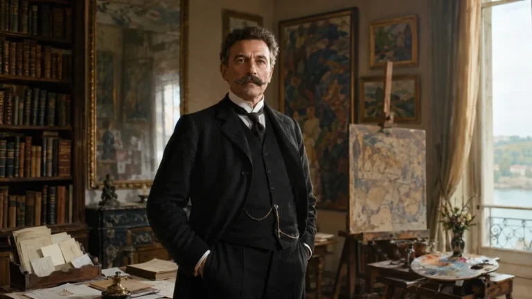 Portrait réaliste de Marcel Sembat dans un intérieur historique entouré de livres, lettres et œuvres d’art modernes.
