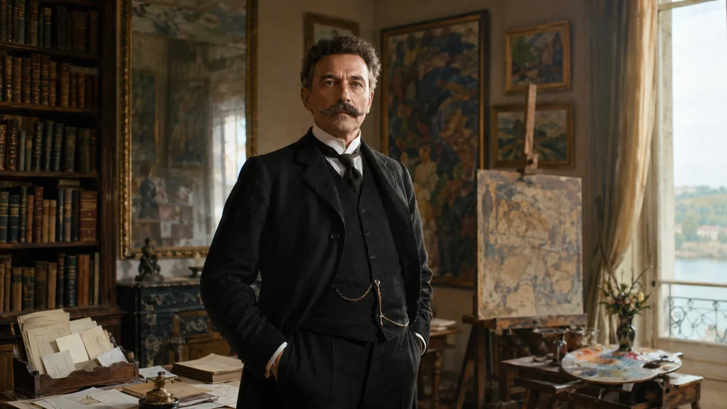 Portrait réaliste de Marcel Sembat dans un intérieur historique entouré de livres, lettres et œuvres d’art modernes.
