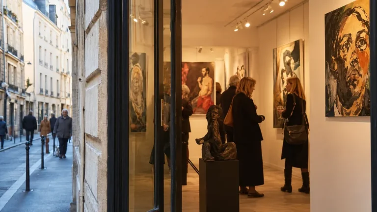 Visiteurs observant des œuvres figuratives contemporaines dans la Galerie Marie Vitoux à Paris