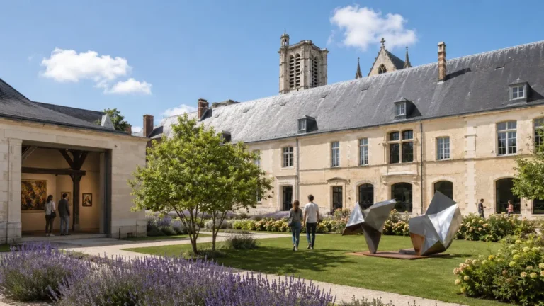 Jardin du Musée d’Art moderne de Troyes avec sculptures contemporaines devant l’ancien palais épiscopal