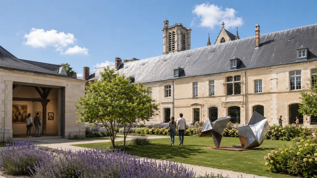 Jardin du Musée d’Art moderne de Troyes avec sculptures contemporaines devant l’ancien palais épiscopal