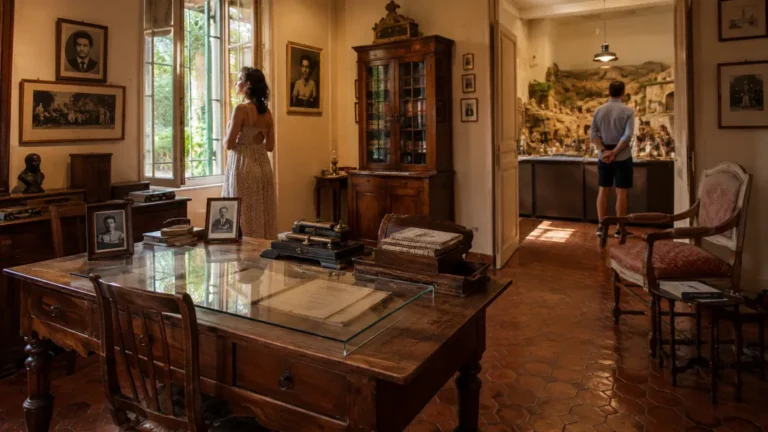 Visiteurs découvrant un intérieur provençal ancien évoquant la Maison Natale et l’univers de Marcel Pagnol à Aubagne