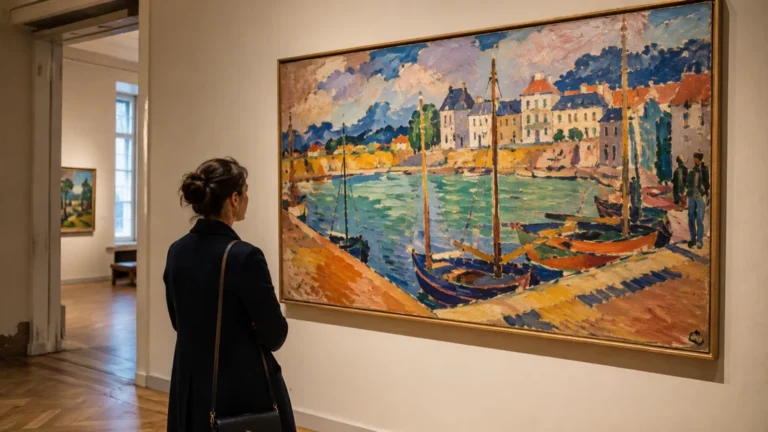 Visiteuse observant un tableau fauviste de port normand dans un musée évoquant l’univers d’Othon Friesz