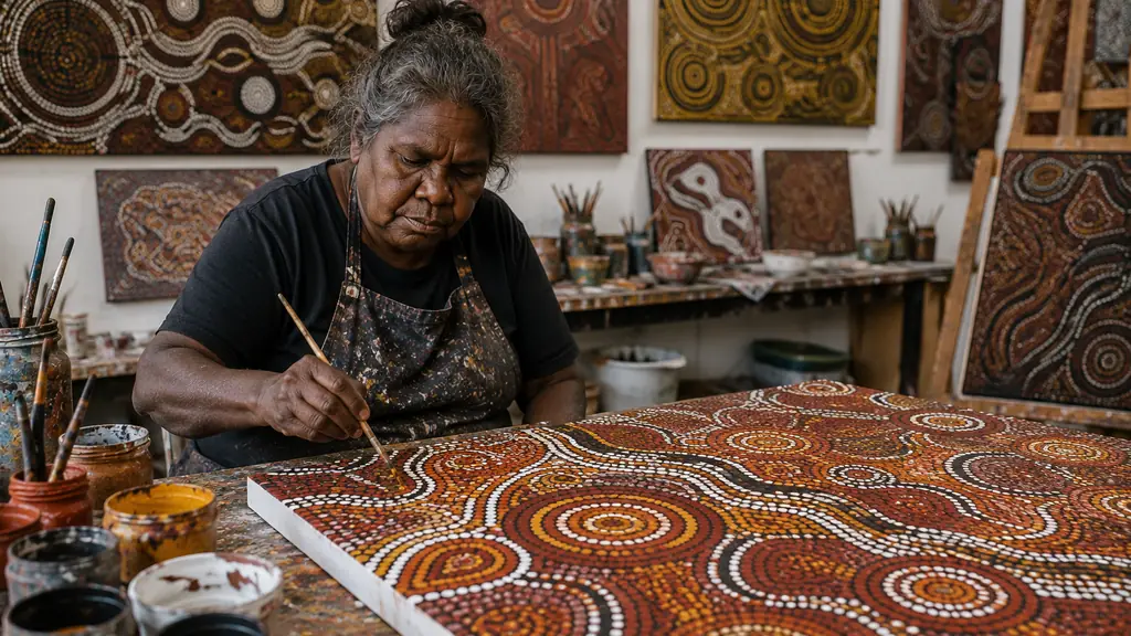 Peintre aborigène réalisant une œuvre à points colorés dans un atelier entouré de tableaux d’art australien.
