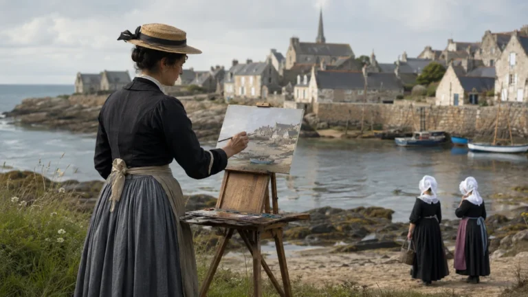 Peintre bretonne réalisant une toile en plein air face à un port traditionnel de Bretagne.