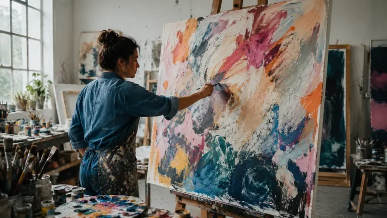 Peintre intuitif créant une grande toile abstraite colorée dans un atelier d’artiste lumineux