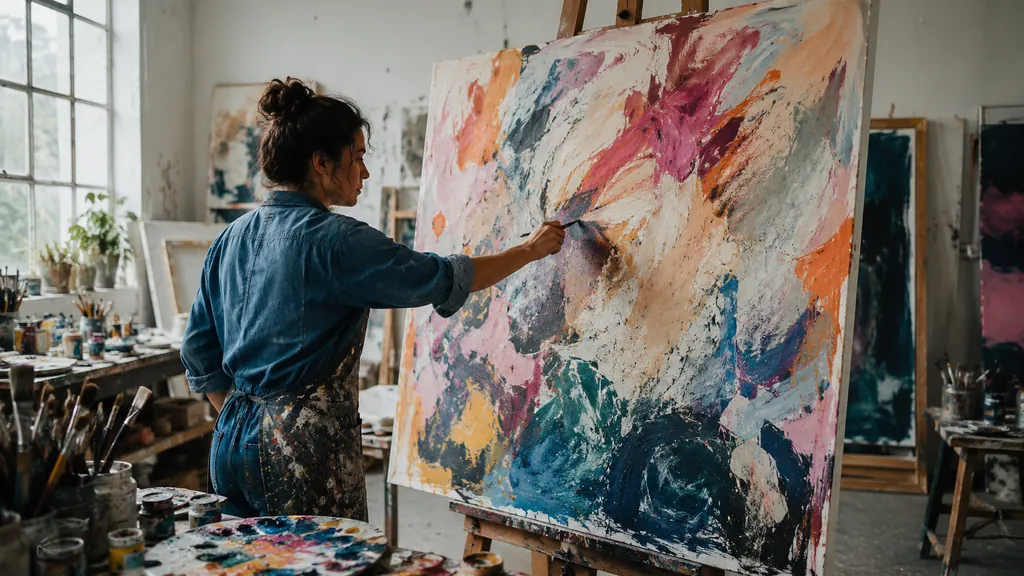 Peintre intuitif créant une grande toile abstraite colorée dans un atelier d’artiste lumineux