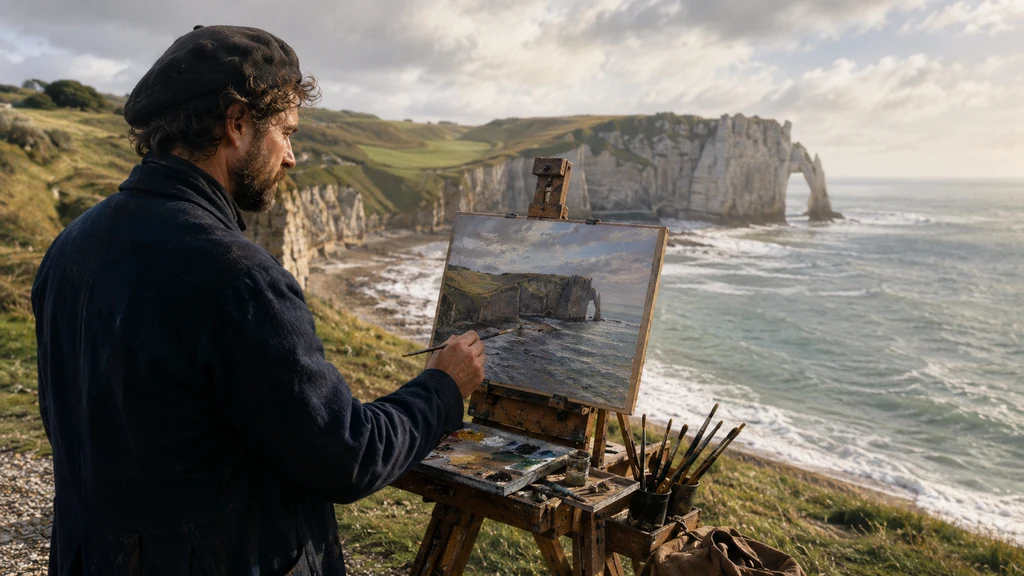 Peintre normand réalisant une toile face aux falaises d’Étretat avec la mer et la lumière changeante de Normandie.