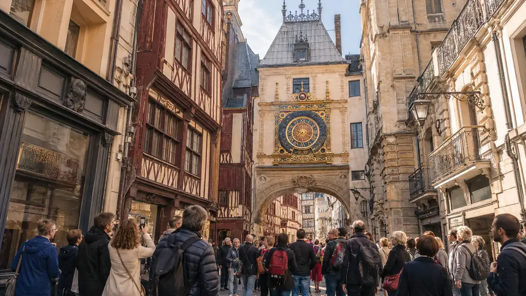 Visiteurs découvrant le Gros-Horloge dans le centre historique de Rouen pendant les journées du patrimoine