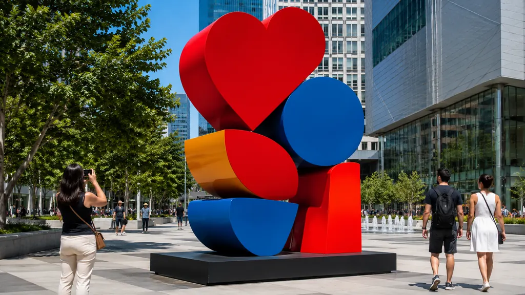 Grande sculpture pop art colorée dans une place urbaine contemporaine évoquant l’œuvre LOVE de Robert Indiana