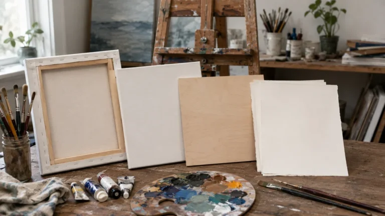 Supports pour tableau peinture présentés dans un atelier d’artiste avec toile, panneau bois, papier et matériel beaux-arts
