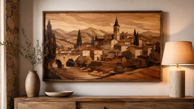 Tableau marqueterie en bois représentant un village ancien dans une décoration intérieure chaleureuse et naturelle