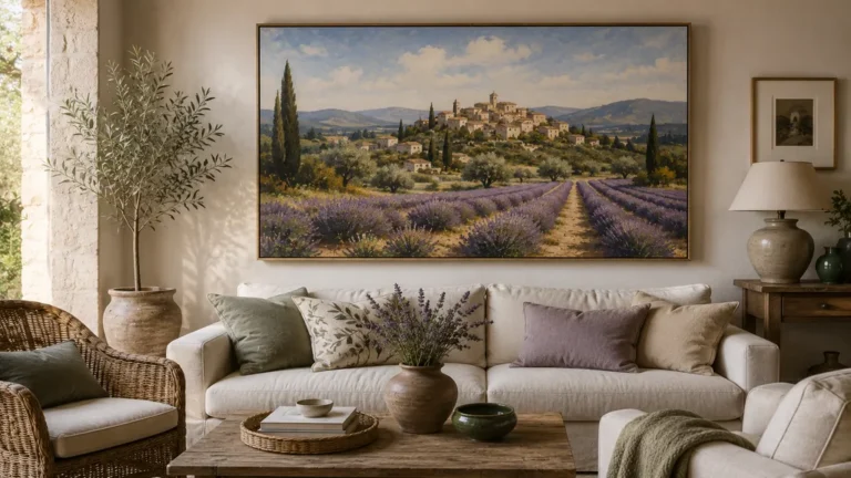 Tableau paysage provençal dans un salon lumineux avec lavande, village perché, oliviers et décoration méditerranéenne chaleureuse.