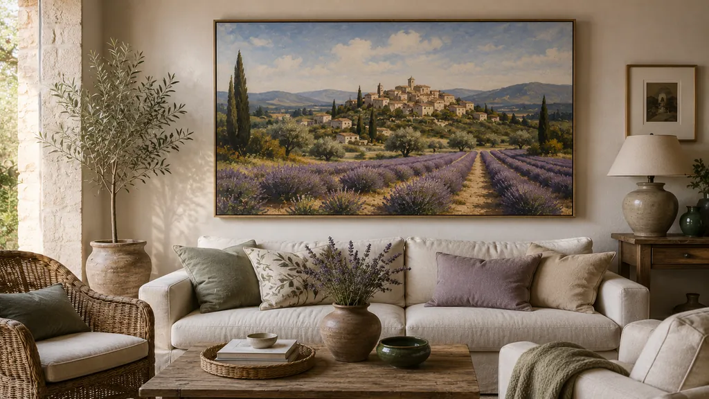 Tableau paysage provençal dans un salon lumineux avec lavande, village perché, oliviers et décoration méditerranéenne chaleureuse.
