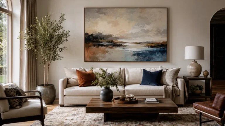 Salon moderne décoré avec un grand tableau peinture déco salon au-dessus du canapé dans une ambiance chaleureuse