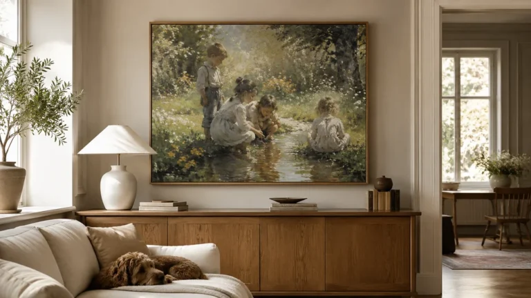 Tableau peinture enfance représentant des enfants jouant près d’un ruisseau dans un salon familial lumineux